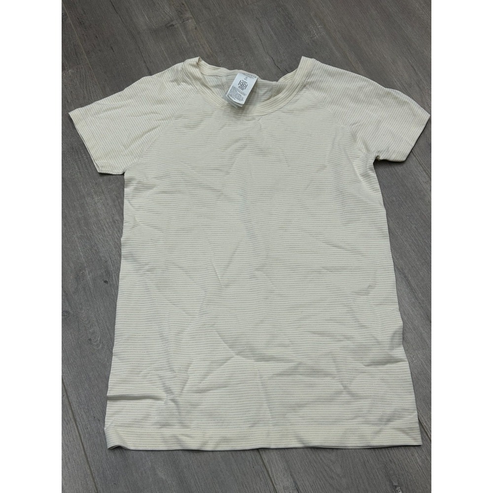 Athleta Ribbed Short Sleeve Top Women XS Beige Fitted Stretch Lightweight Active